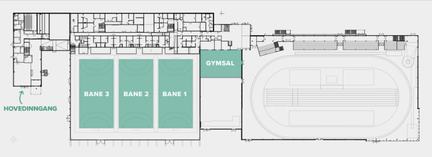 Kart over håndballbaner i Steinkjerhallen.